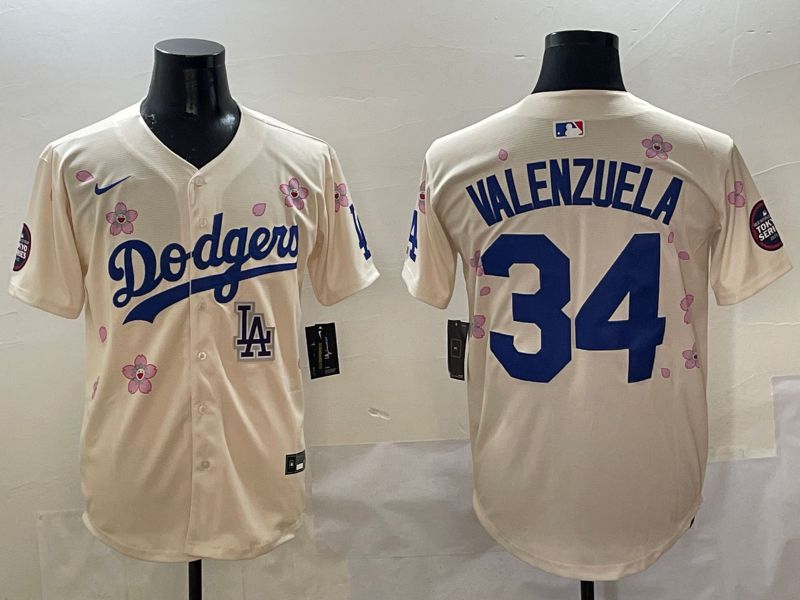 Men Los Angeles Dodgers 34 Valenzuela Cream White Blue Sakura Edition 2025 Nike MLB Jersey style 6